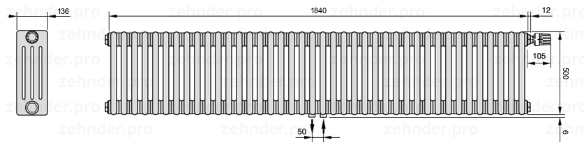 Схема (чертеж) Радиатор Zehnder Charleston 4050/40 №V008 Белый глянцевый RAL 9016